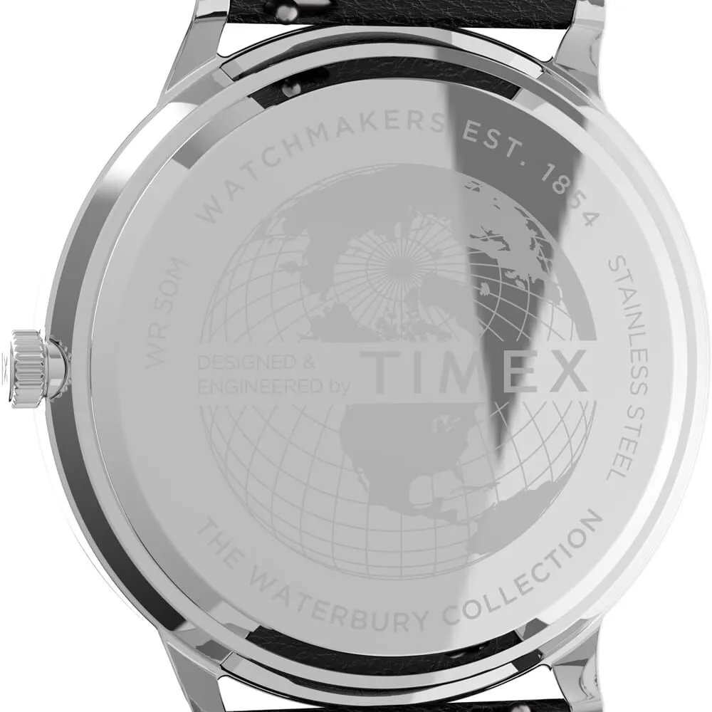Orologio Al Quarzo Timex Waterbury Tw2u88600 Cassa Rotonda Acciaio Argentato 40 mm Quadrante Bianco Cinturino Pelle Nero