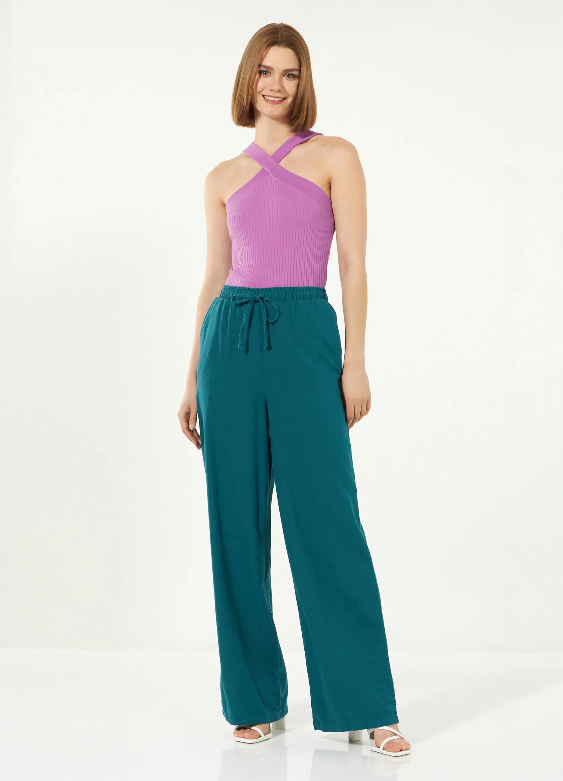 Pantaloni in misto lino wide leg