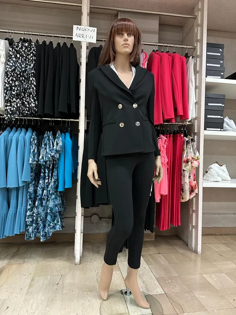 Pantaloni RINASCIMENTO in crêpe con tasca alla francese Tinta Unita su base Nera disponibili anche con Giacca in coordinat