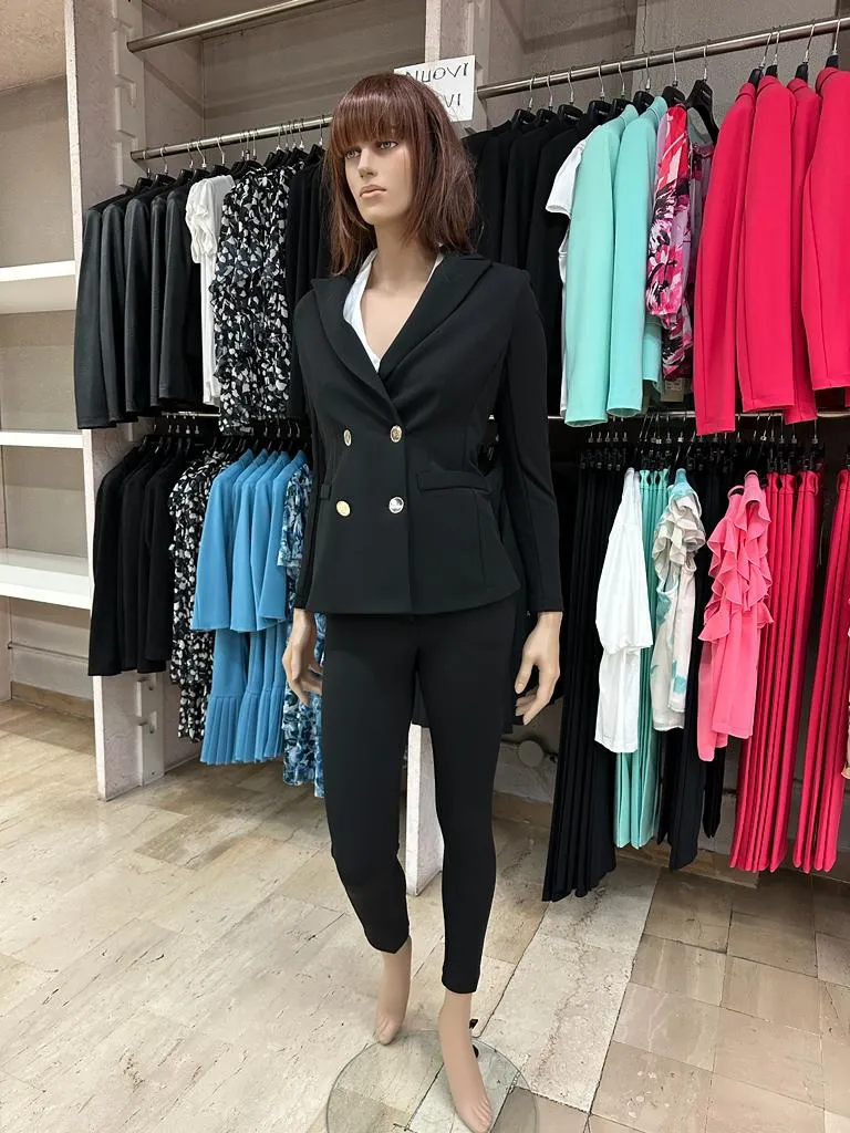 Pantaloni RINASCIMENTO in crêpe con tasca alla francese Tinta Unita su base Nera disponibili anche con Giacca in coordinat