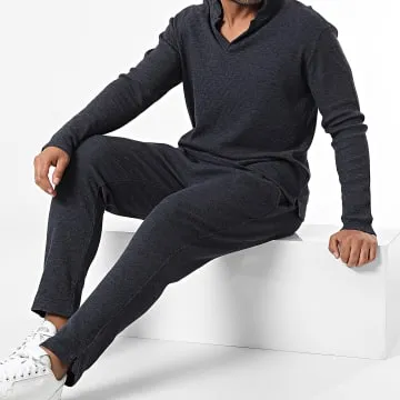 Polo a maniche lunghe e set di pantaloni da jogging in blu navy screziato