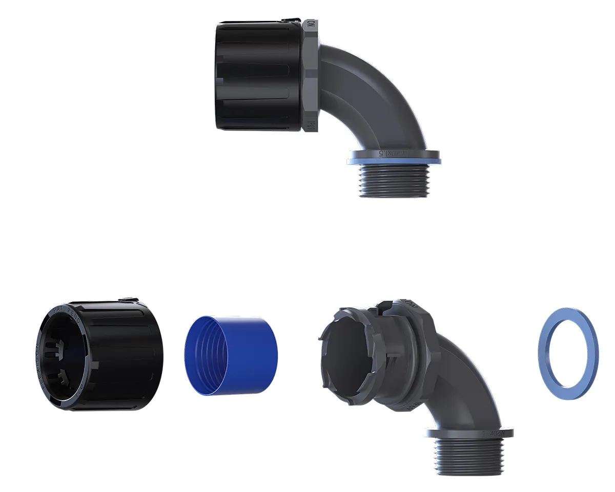 Raccordo per cavi Flexicon FPAU21-M20-90B FPAU 90, Gomito a 90° in Nylon 66 Nero, Nero, grigio, filetto M20, 21mm,