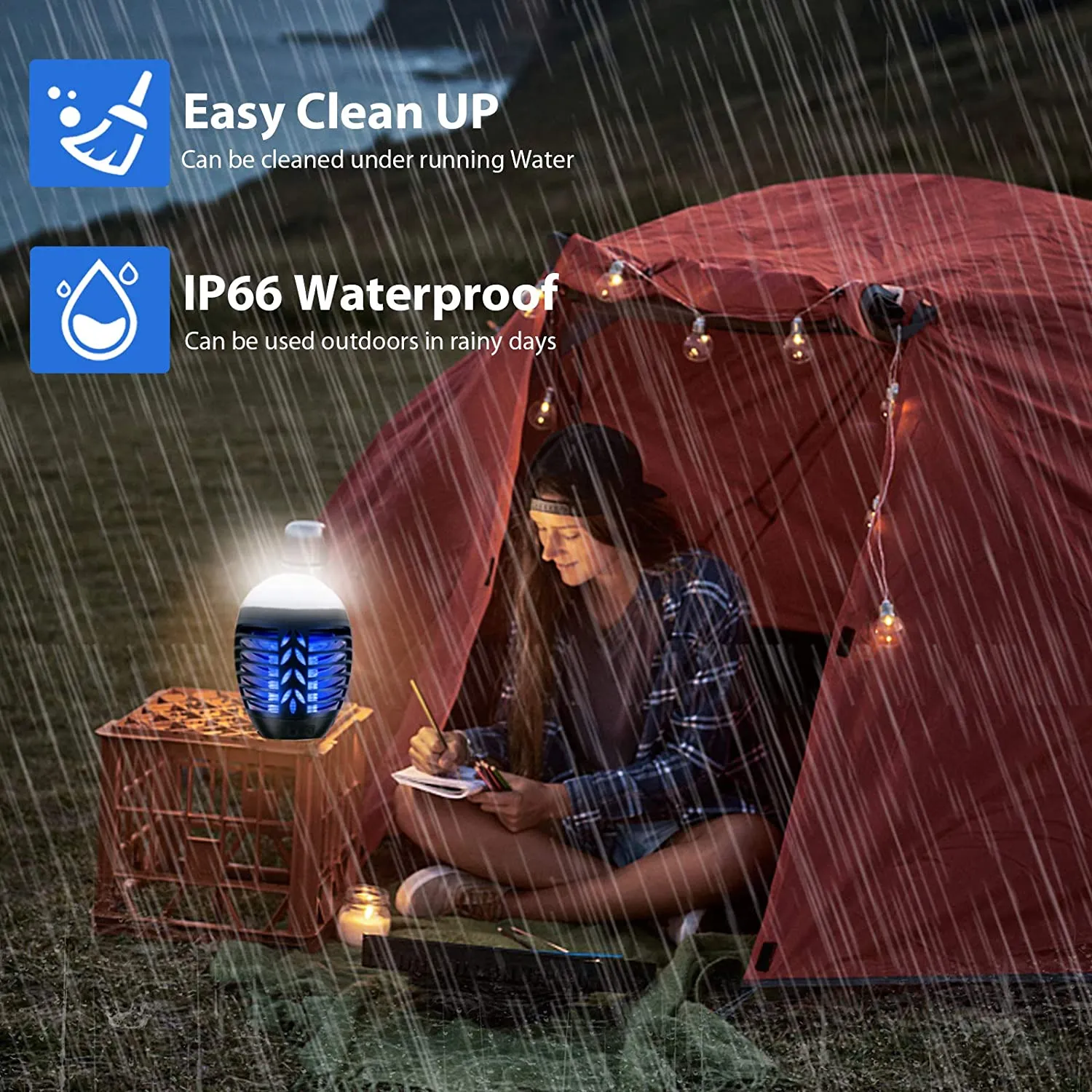 ROVLAK Zanzariera Elettrica Lampada da Campeggio 2 in 1 Esterni Ricarica USB Impermeabile Ipx6 Portatile Giardino Lampada Antiza