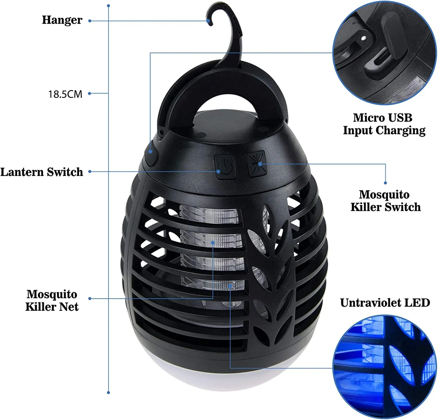 ROVLAK Zanzariera Elettrica Lampada da Campeggio 2 in 1 Esterni Ricarica USB Impermeabile Ipx6 Portatile Giardino Lampada Antiza