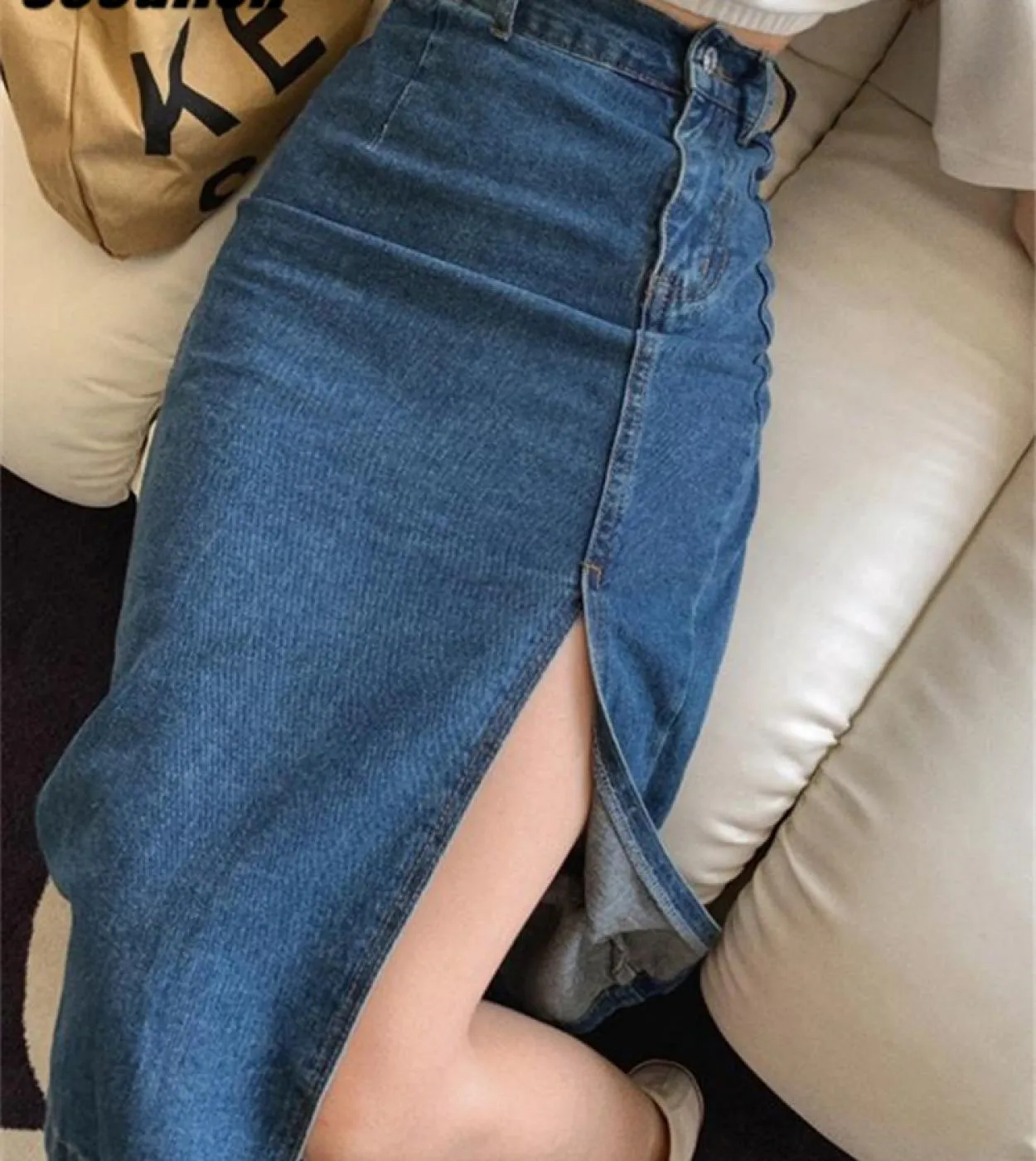 Seoulish 2023 New Womens Midi Denim Skirts Spring Summer Side Split High Wasit Jeans Skirt Straight Female Aline Pencil