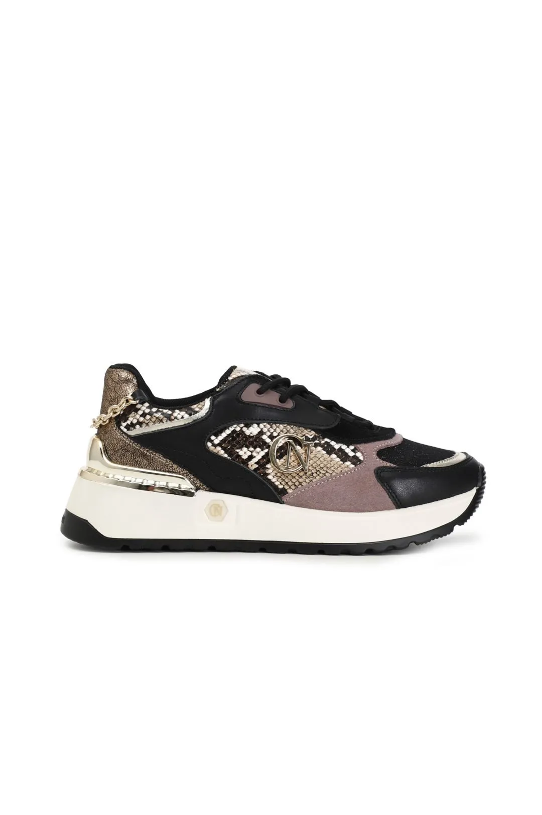 sneakers con tomaia in mesh animalier e catena