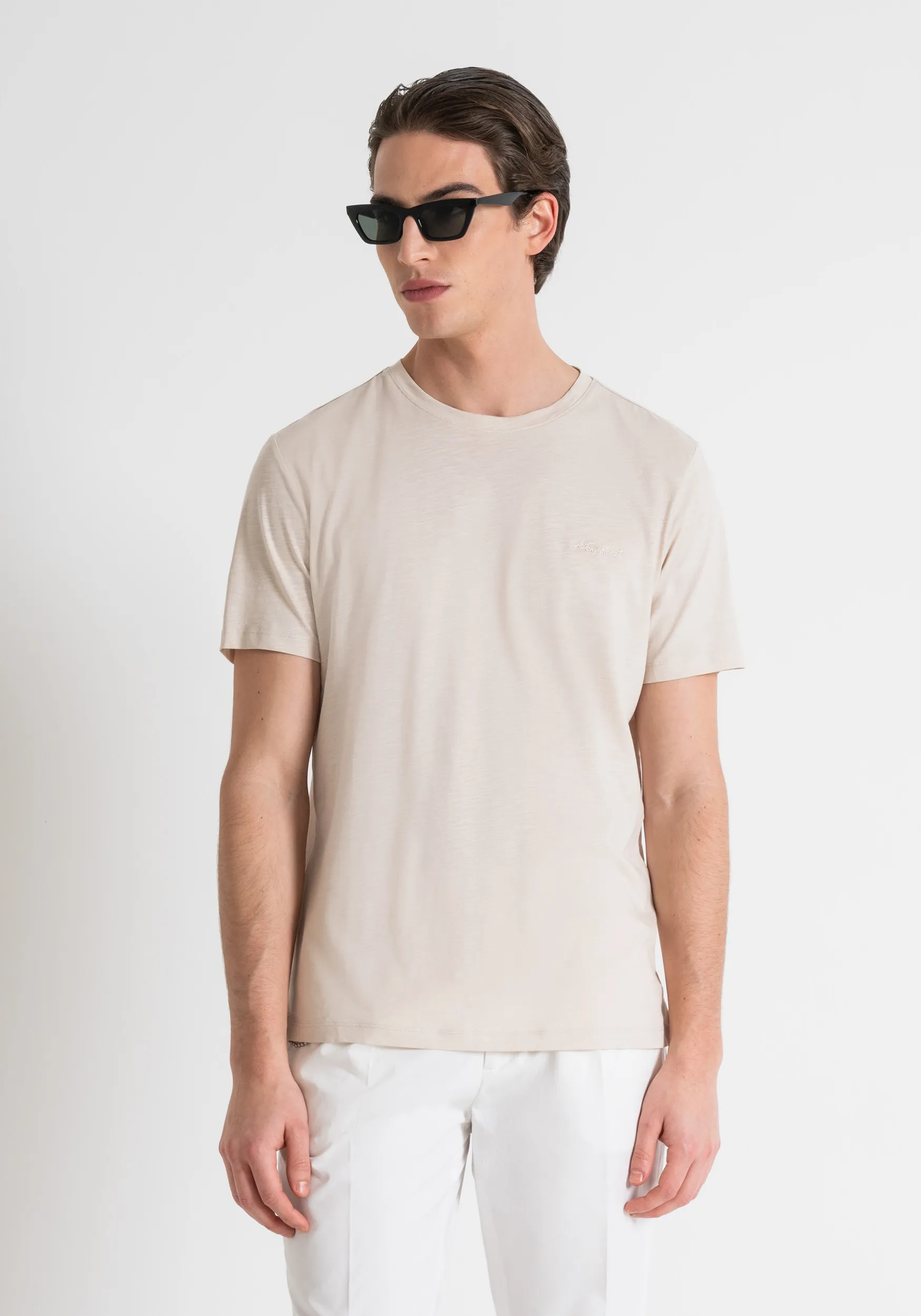 T-SHIRT REGULAR FIT IN COTONE FIAMMATO CON STAMPA LOGO GOMMATA AD INIEZIONE