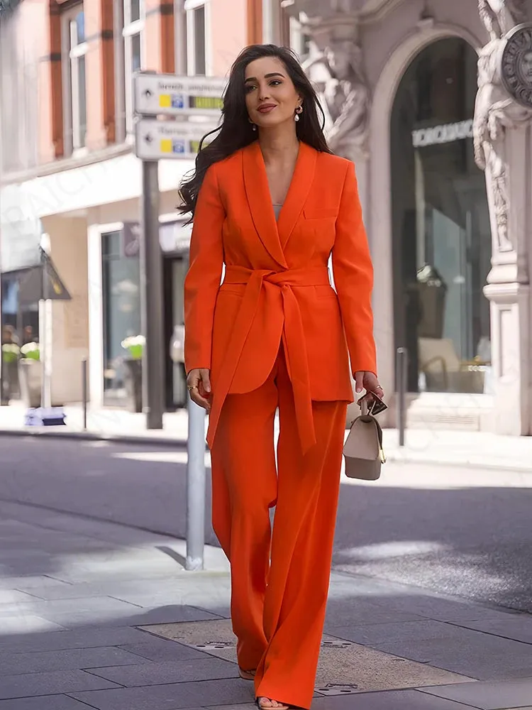 Tailleur Donna Manica Lunga Bottone Singolo Arancione Pantalone Vita Alta Wide Leg Giacca Regular Colletto Risvoltato Scollo V C