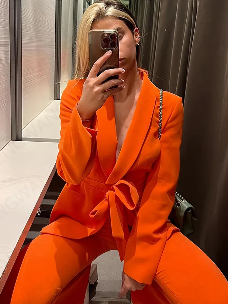 Tailleur Donna Manica Lunga Bottone Singolo Arancione Pantalone Vita Alta Wide Leg Giacca Regular Colletto Risvoltato Scollo V C