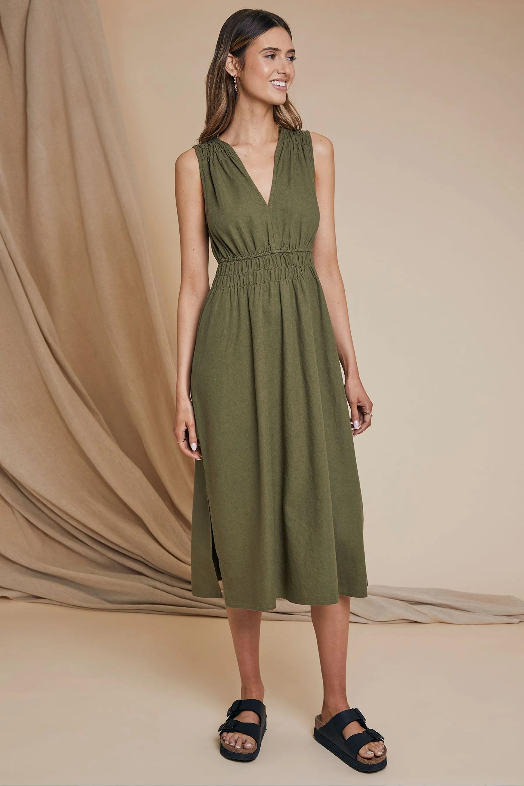 Threadbare - Abito midi in Blend di lino con vita arricciata