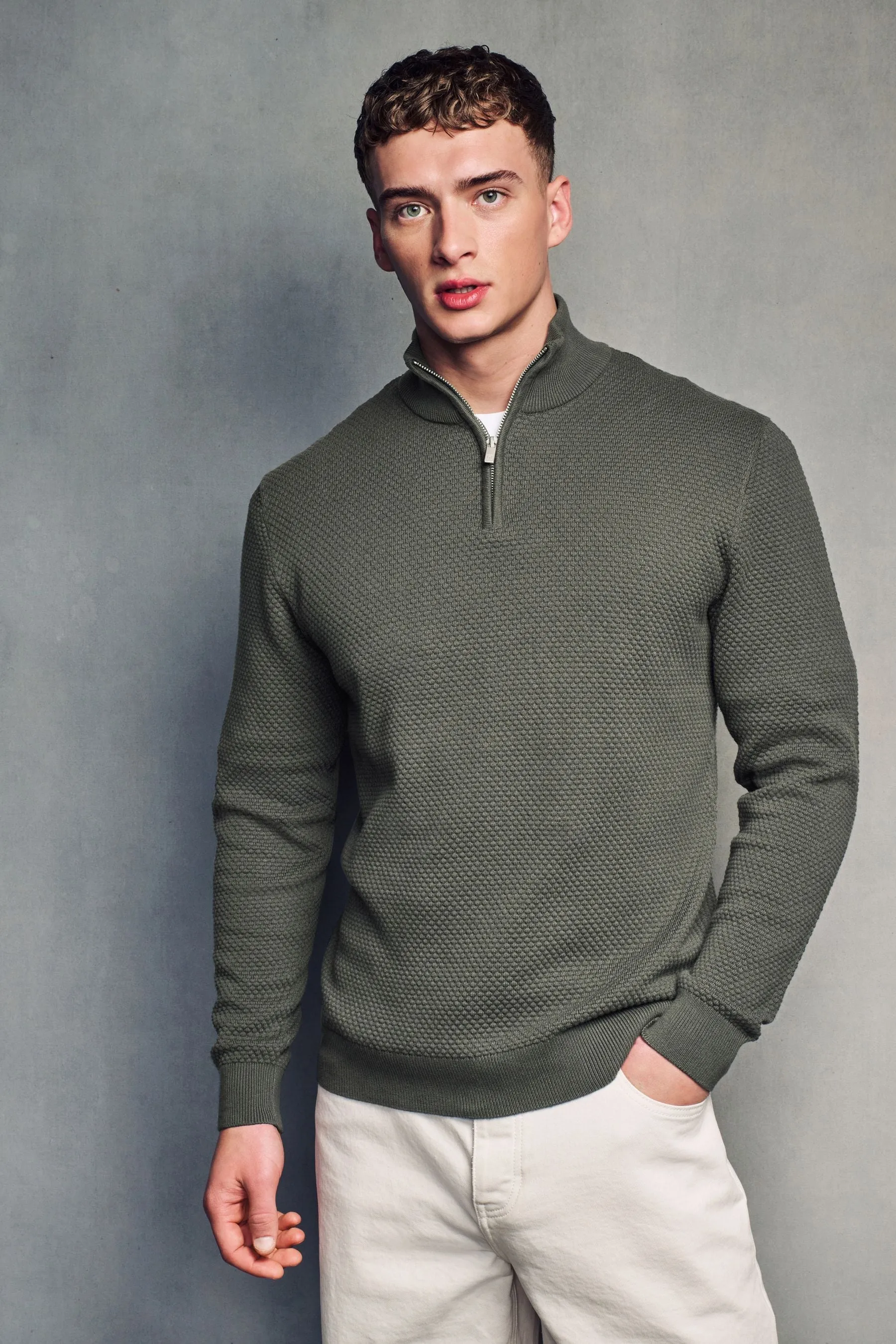 Vestibilità regolare 100% Cotton Premium Zip Neck Maglione    