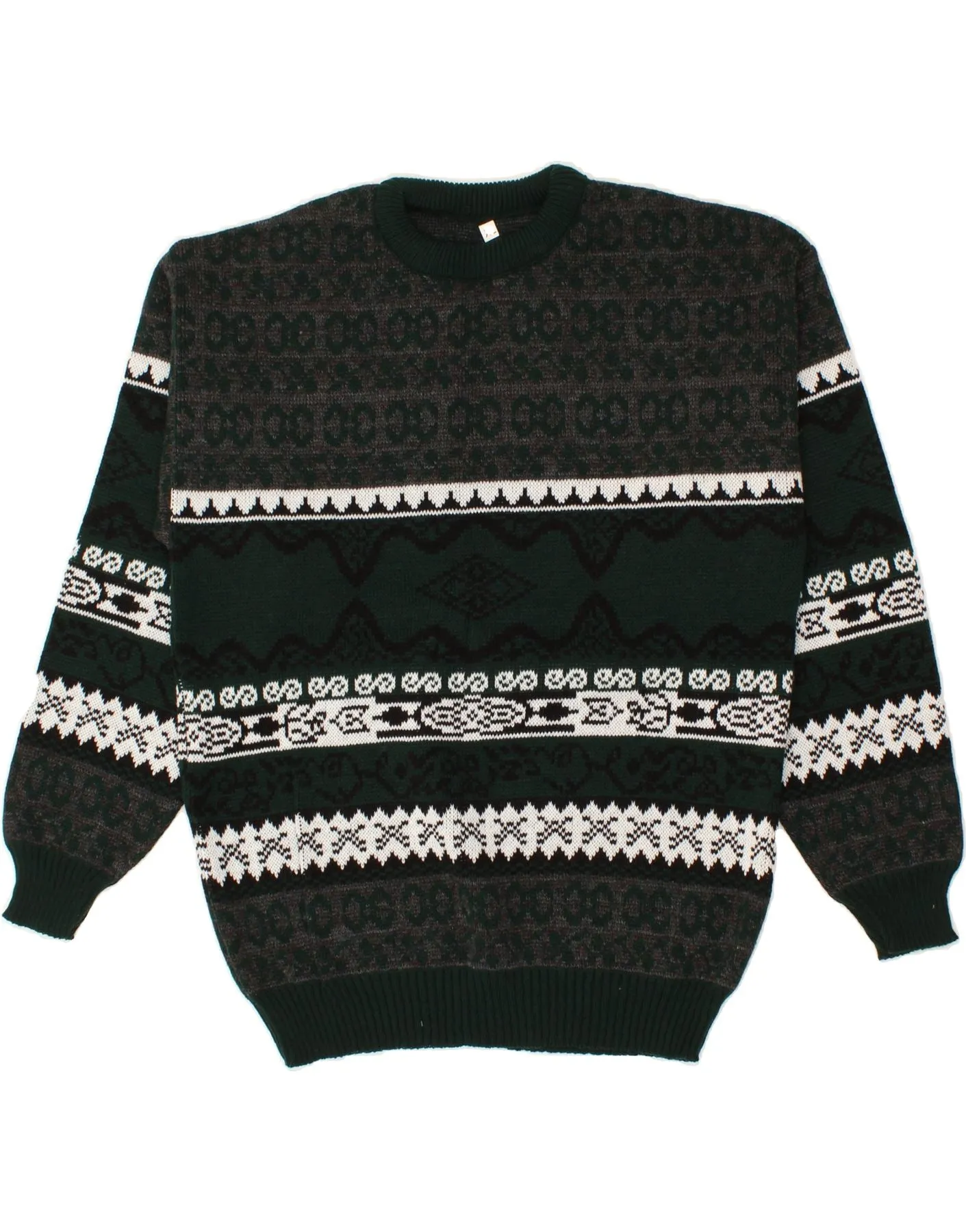 VINTAGE Mens Crew Neck Jumper Sweater XL Green Fair Isle Acrylic