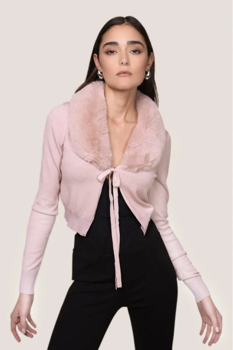 WHITE WISE CARDIGAN CON LACCIO E PELLICCIA - WW19043 